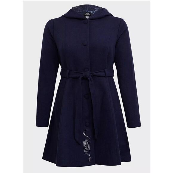 Her Universe Doctor Who TARDIS Blue Hooded Fit & Flare Woolen Trench Jacket 0/12 - Picture 1 of 12